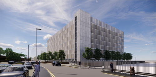 A rendered image showing the potential new multi-storey car park near the train station.